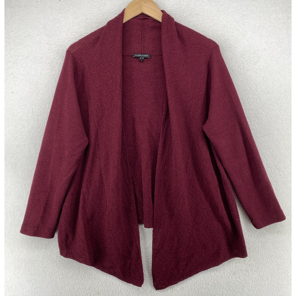 EILEEN FISHER Cardigan L Washable Wool Crepe Drape Open Front Long Sleeve Red - Picture 1 of 11